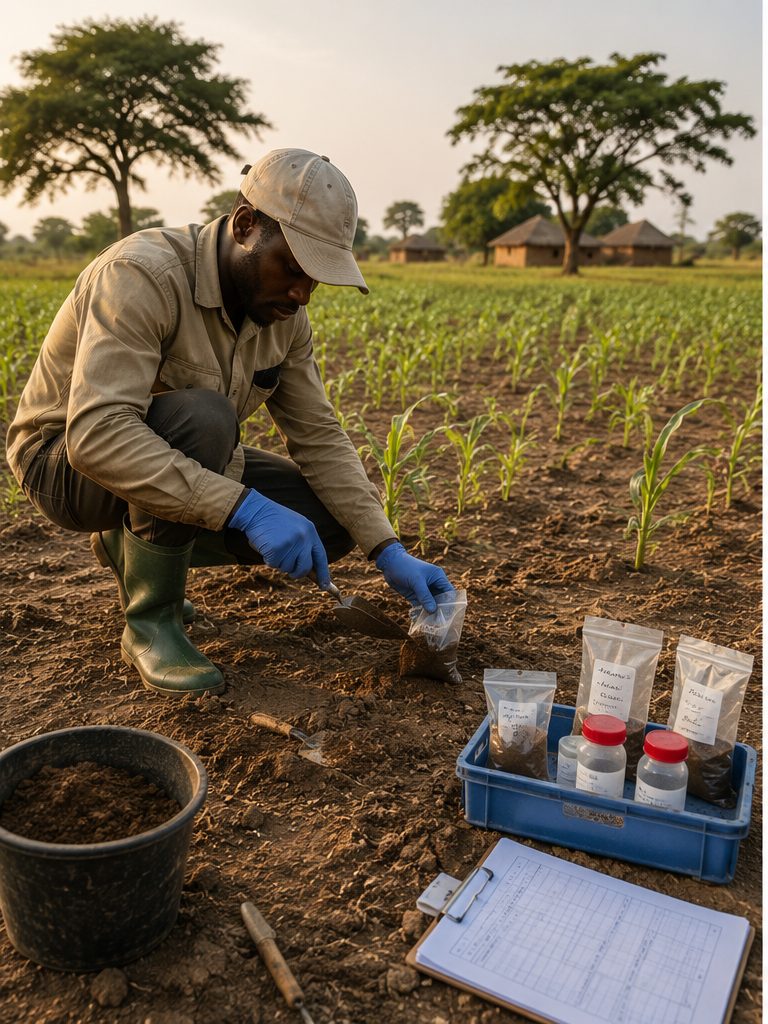 A field officer kneeling to collect a soil sample into a labelled bag, with sample jars and a field data sheet.