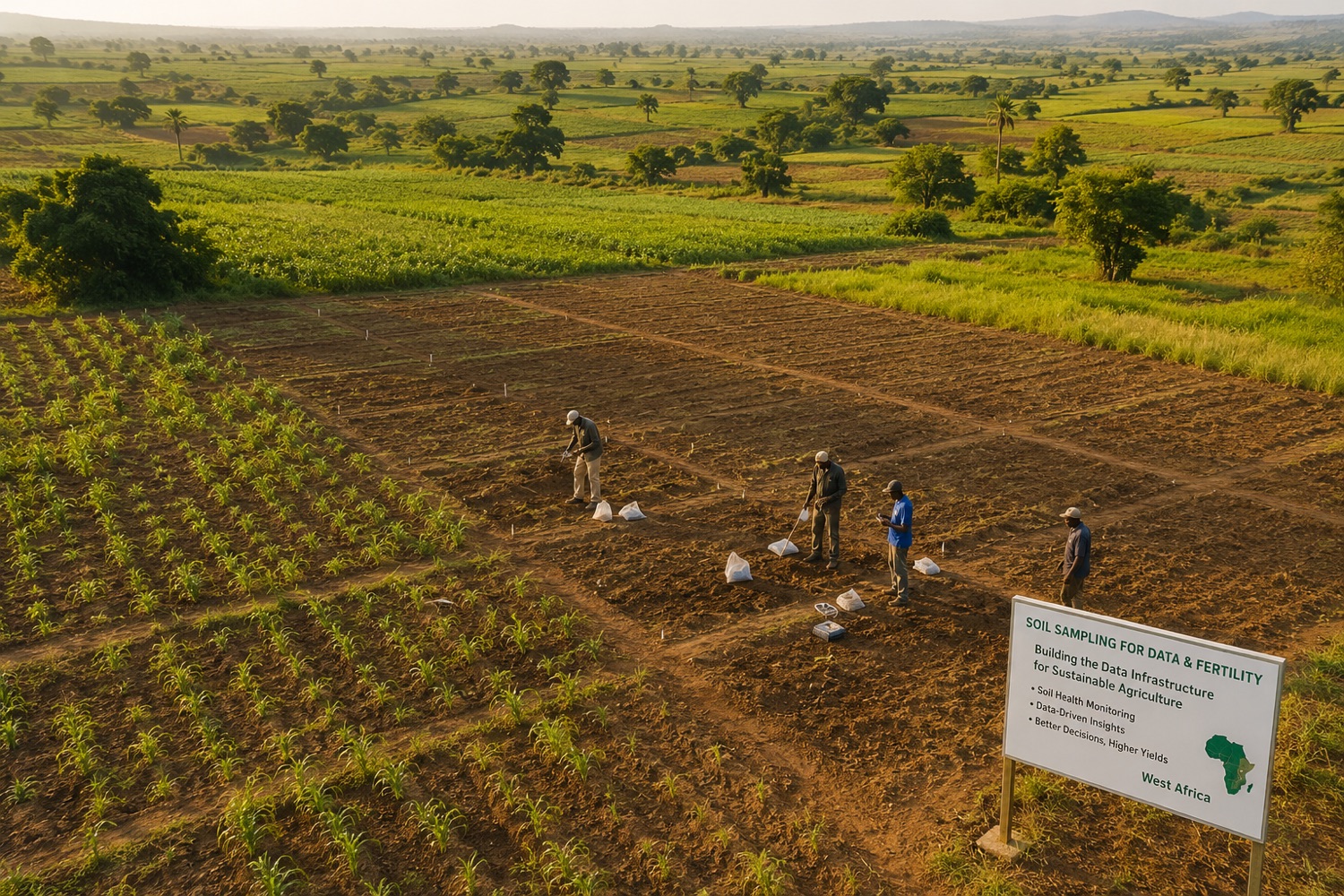 Aerial view of a gridded soil-sampling trial across West African farmland.