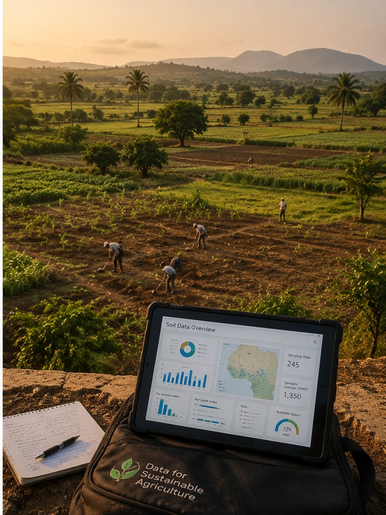 A rugged tablet showing a Soil Data Overview dashboard, on a field bag reading Data for Sustainable Agriculture, over farmland at dusk.