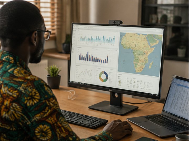 A data analyst at a workstation showing soil dashboards and a map of West Africa on screen.