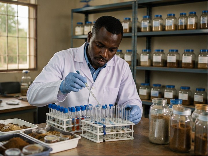 A technician in a soil-testing laboratory analysing samples in test tubes and trays.