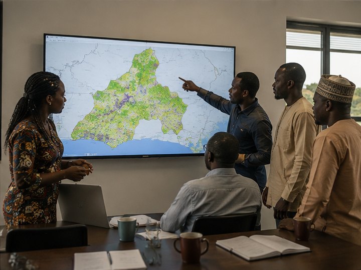 Researchers reviewing a national soil information map on a large screen.