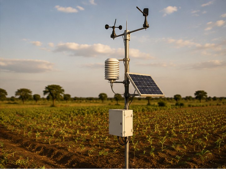 A field weather and environmental monitoring station with sensors and a solar panel in West African farmland.